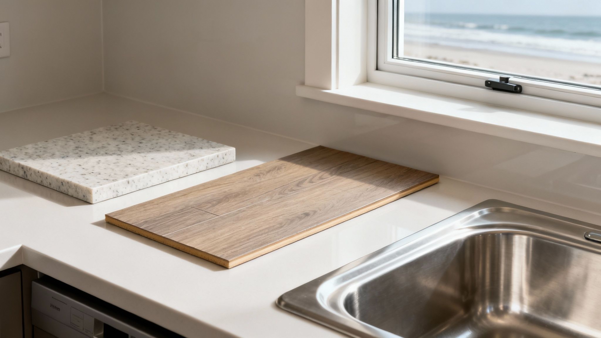 Modern kitchen counter with granite and wood cutting boards, a stainless steel sink, and an ocean view.