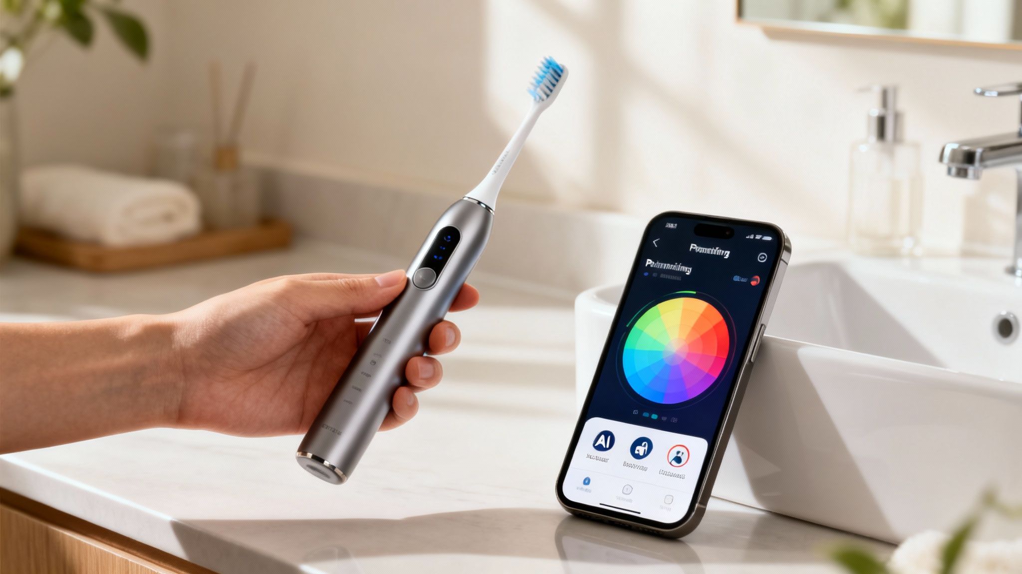 A person holds a grey smart electric toothbrush next to a smartphone showing a colorful app.