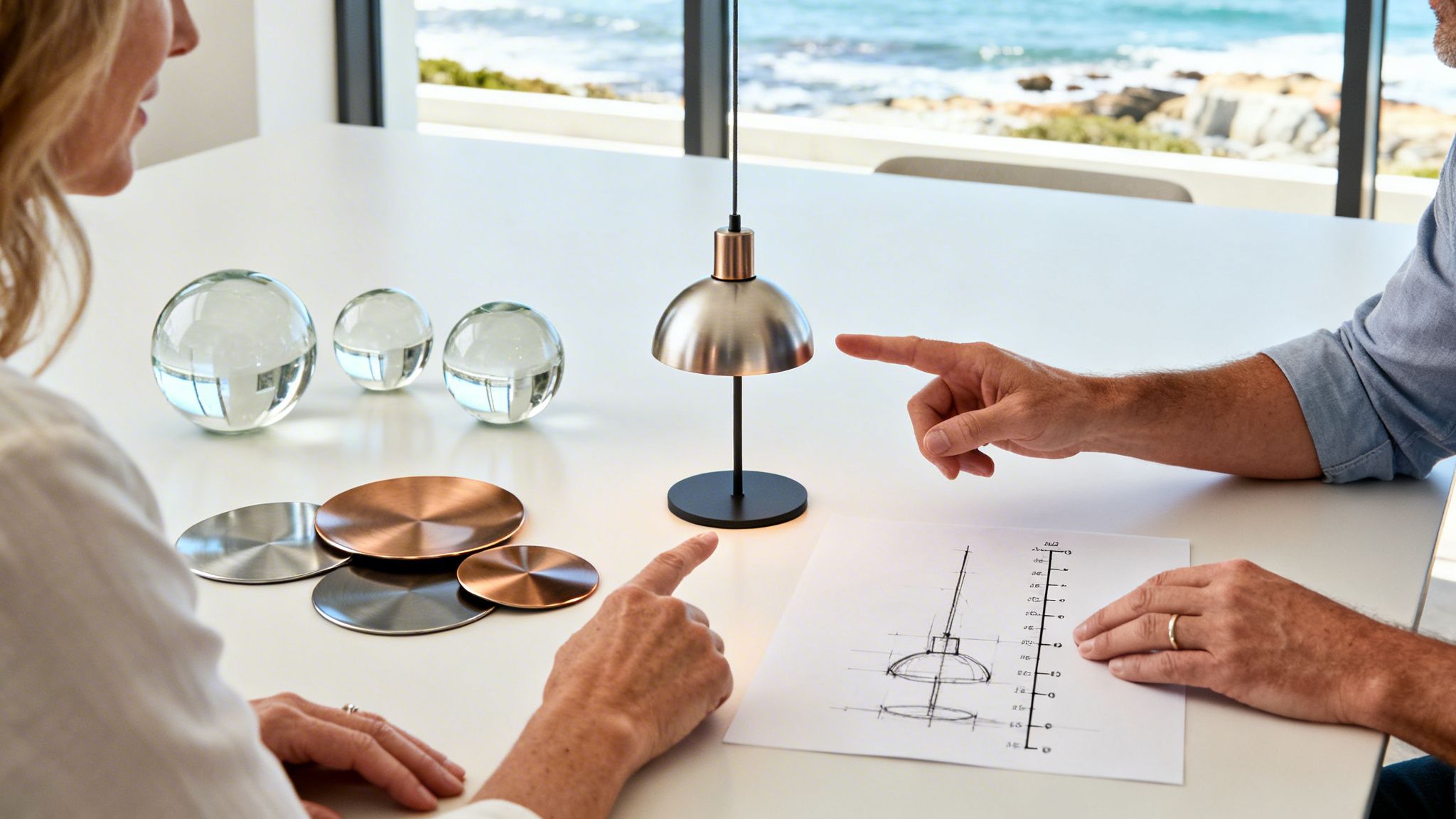 Two designers discuss a lamp prototype and design sketch with metal samples on a table, overlooking the ocean.