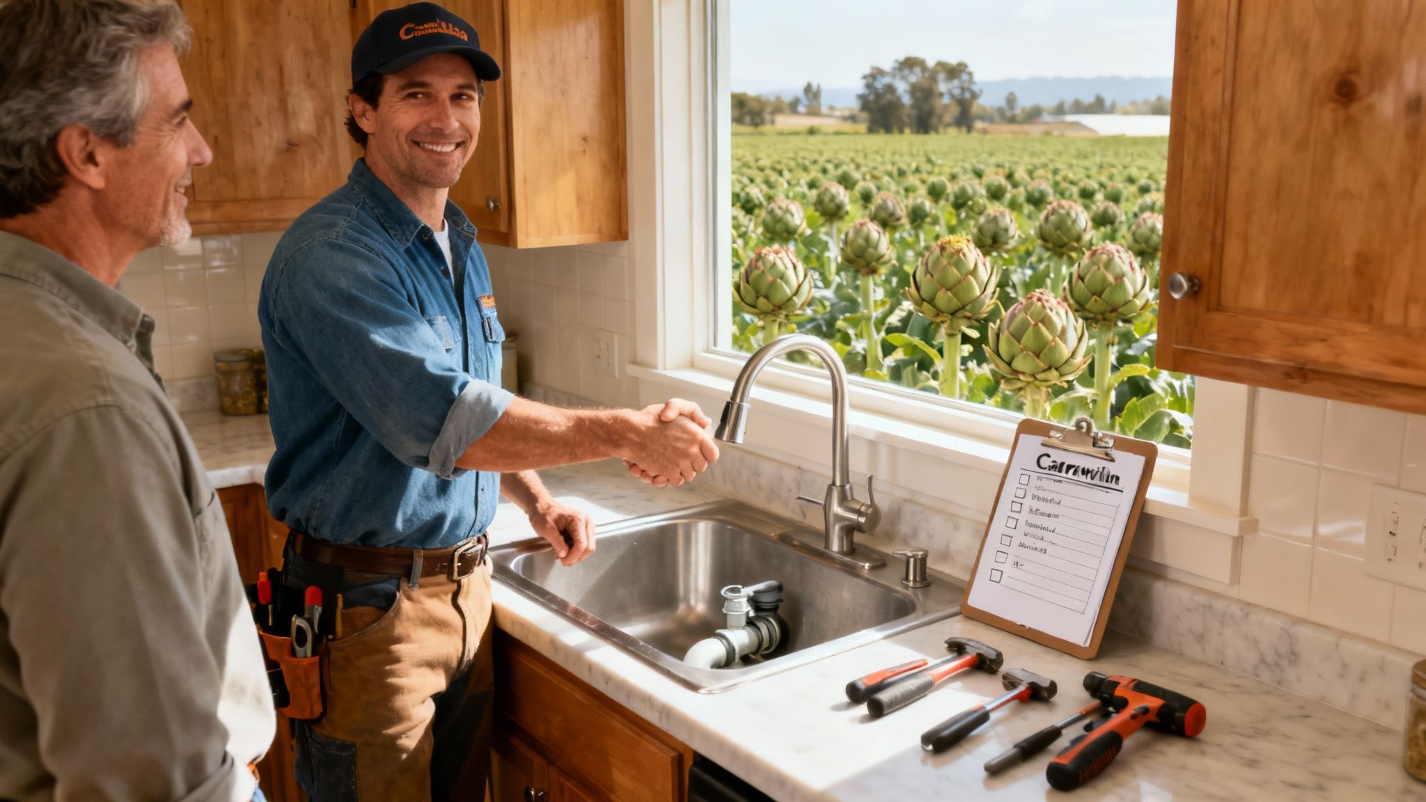 A professional plumber working on pipes under a modern kitchen sink.