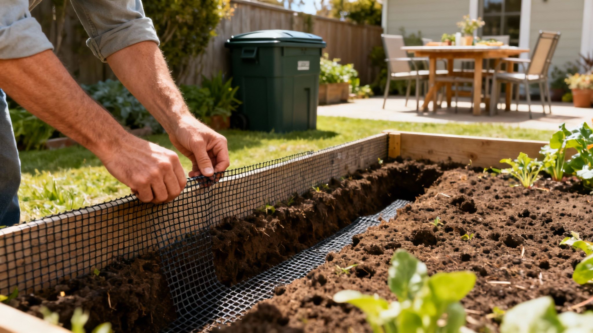 Man's hands securing black mesh lining in a raised garden bed for pest prevention.