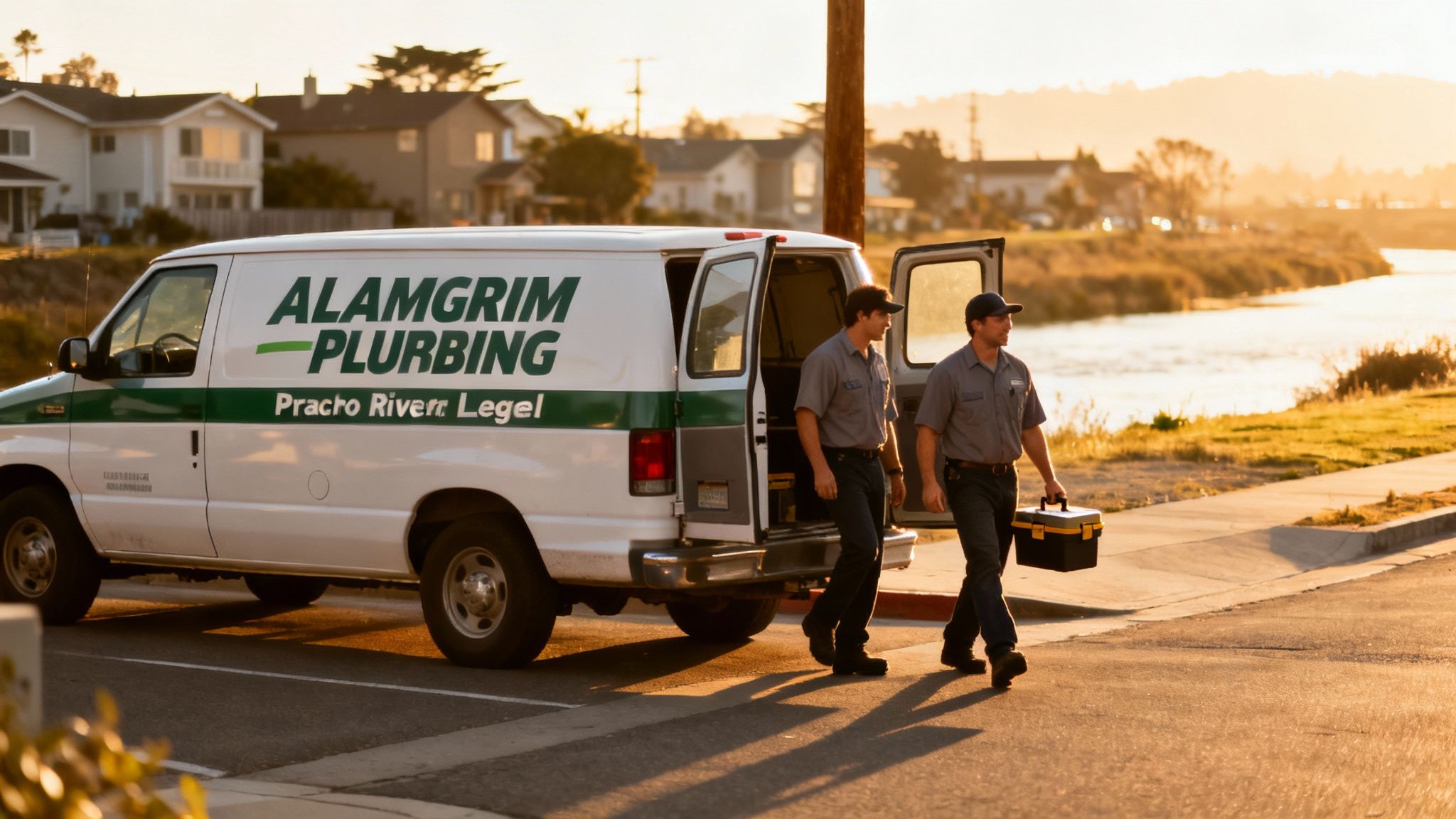 Two plumbers in uniform exit a white 'Alamgrim Plumbing' service van with a toolbox at sunset.