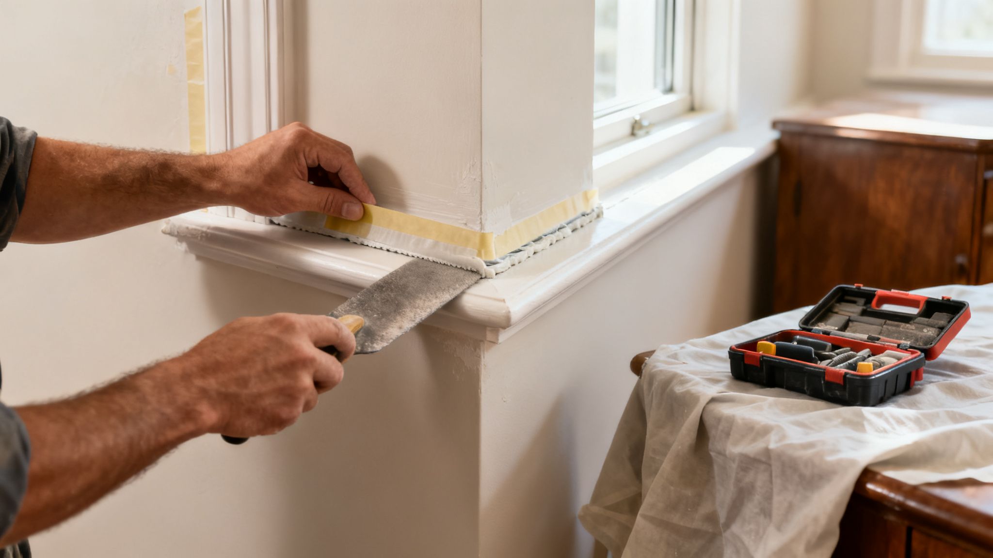 A person's hands apply caulk and smooth it with a putty knife around a window frame.