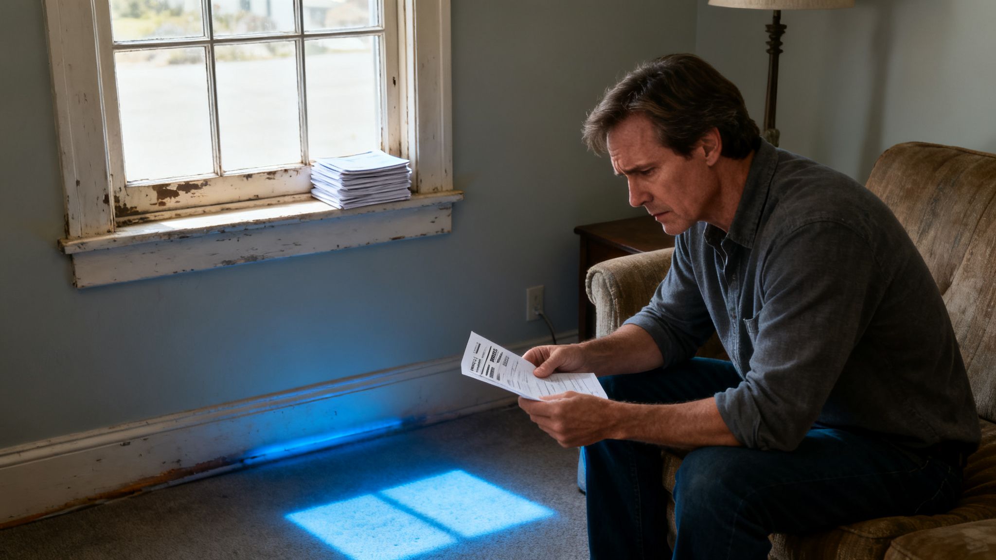 A man sits on a sofa, looking at a document, with a stack of papers on a worn windowsill.