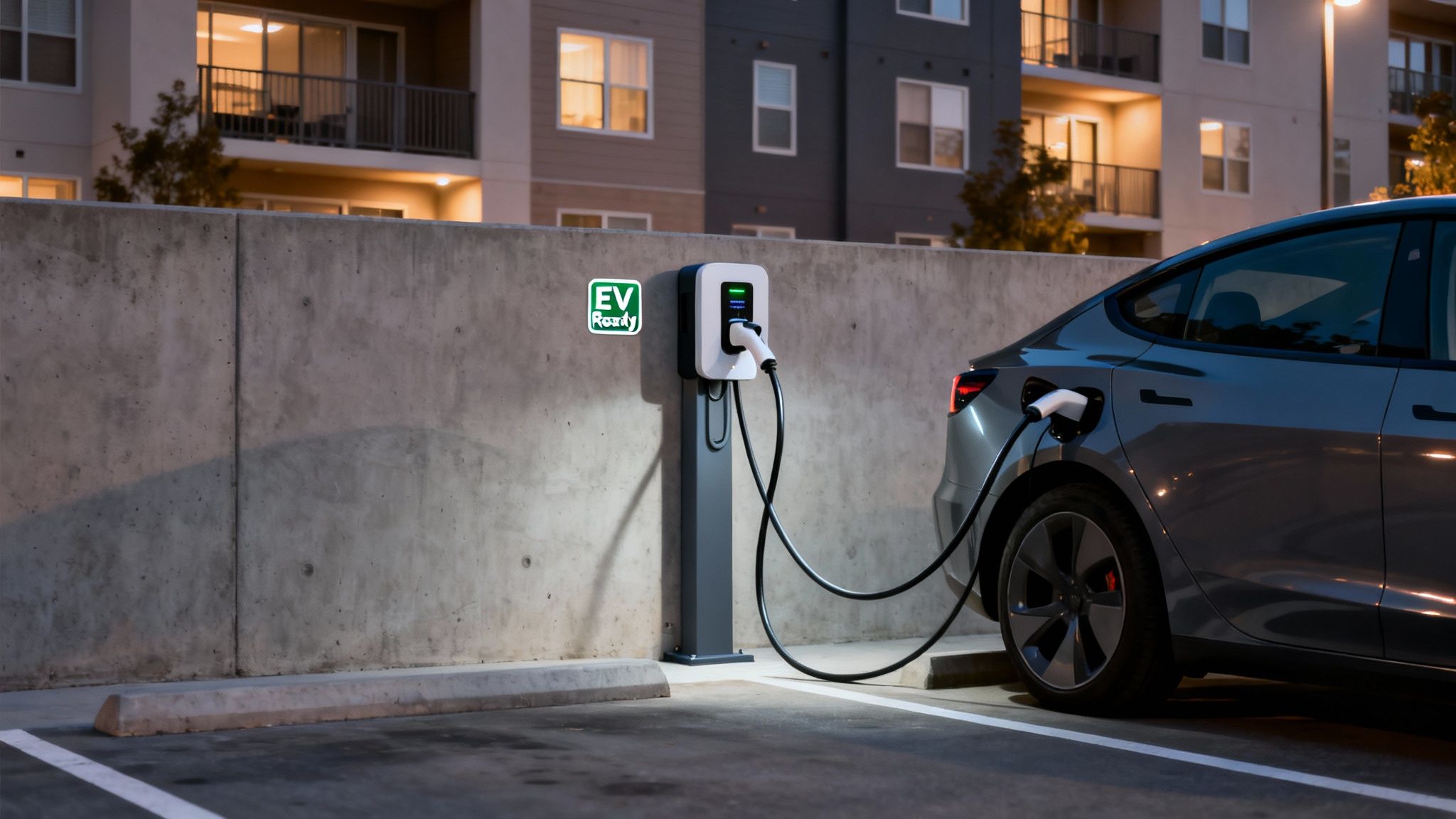 A gray electric vehicle charges at an EV station next to an apartment building at night.