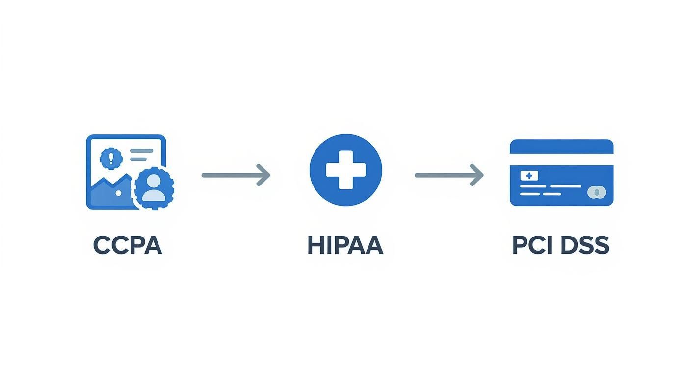 A diagram illustrates the flow of data compliance regulations from CCPA, to HIPAA, and finally PCI DSS.