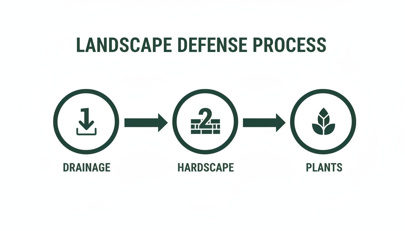Process diagram illustrating landscape defense steps: drainage, hardscape, and plants with icons.