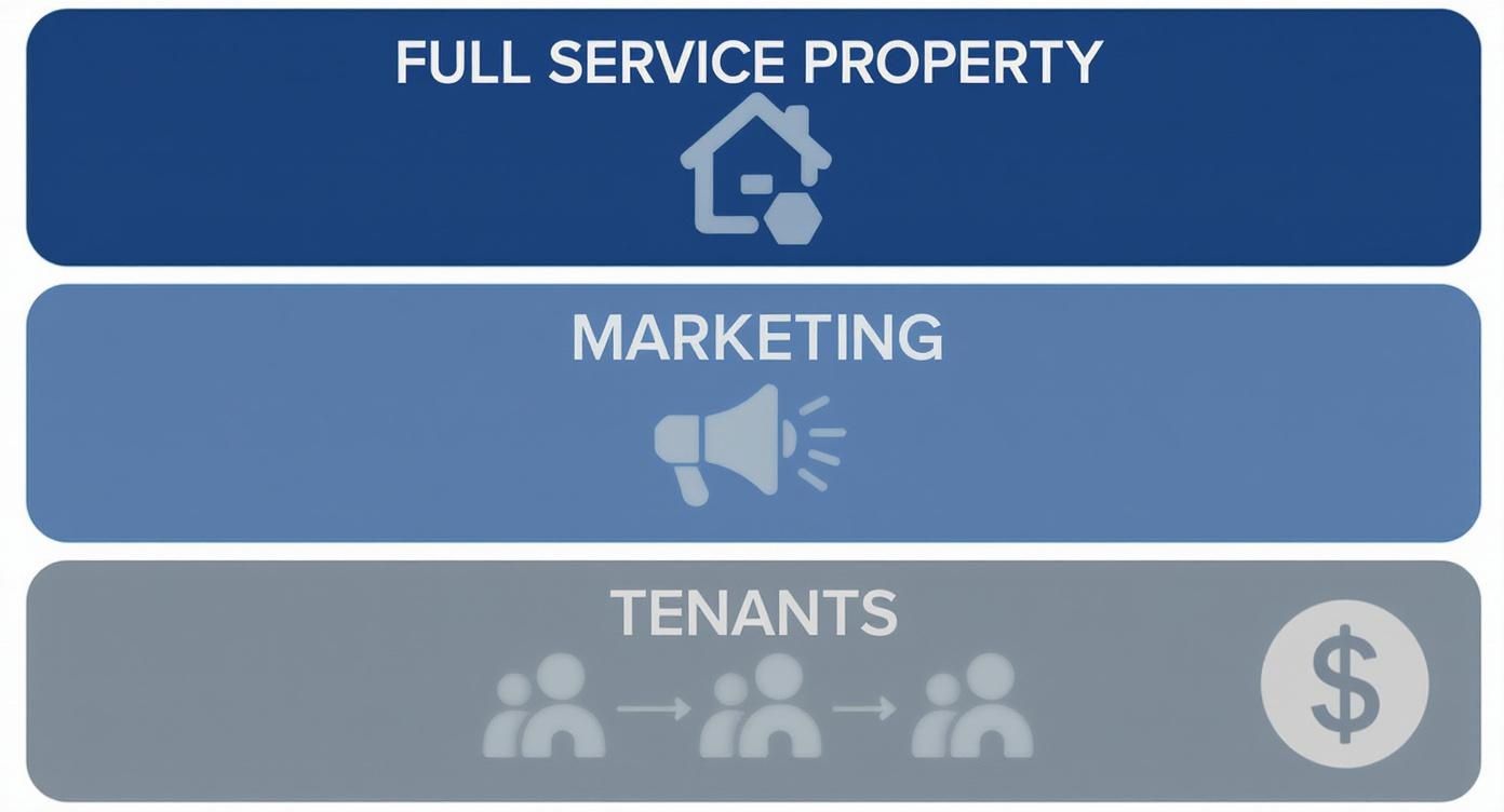 A diagram showing full-service property management steps: property service, marketing, and tenant acquisition for income.
