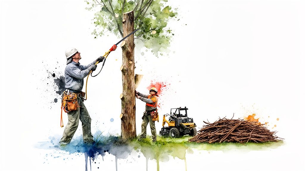 Two arborists are trimming a tree, one with a pole saw, the other working on the trunk, with a pile of branches nearby.