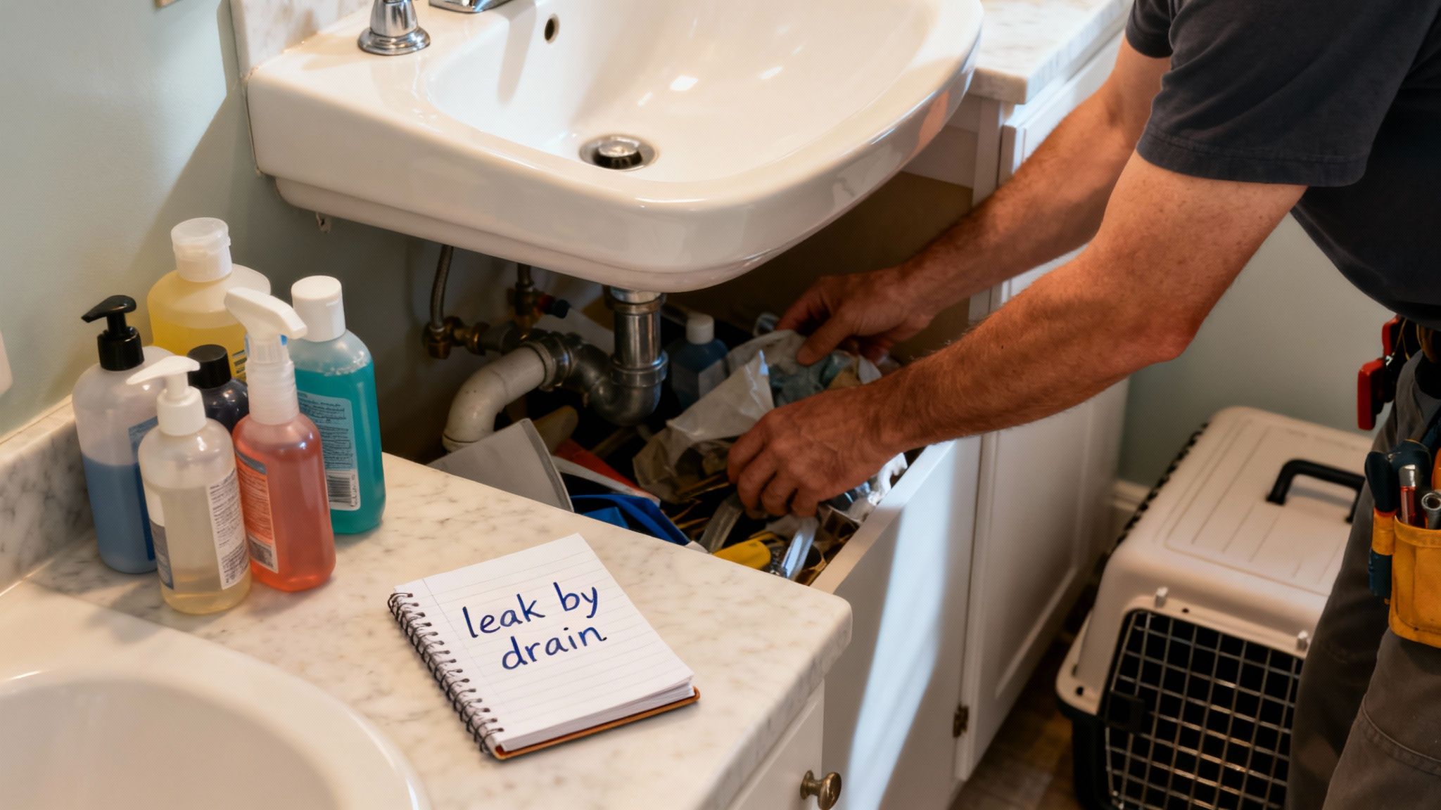 A plumber fixes a leaky drain under a bathroom sink, with bottles and a note on the counter.