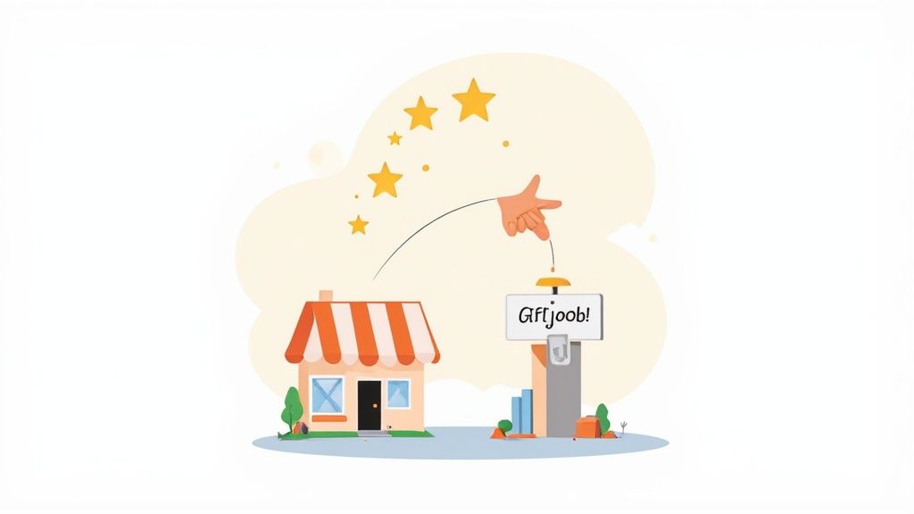 A customer leaving a positive five-star review on a smartphone, illustrating a successful review generation strategy.