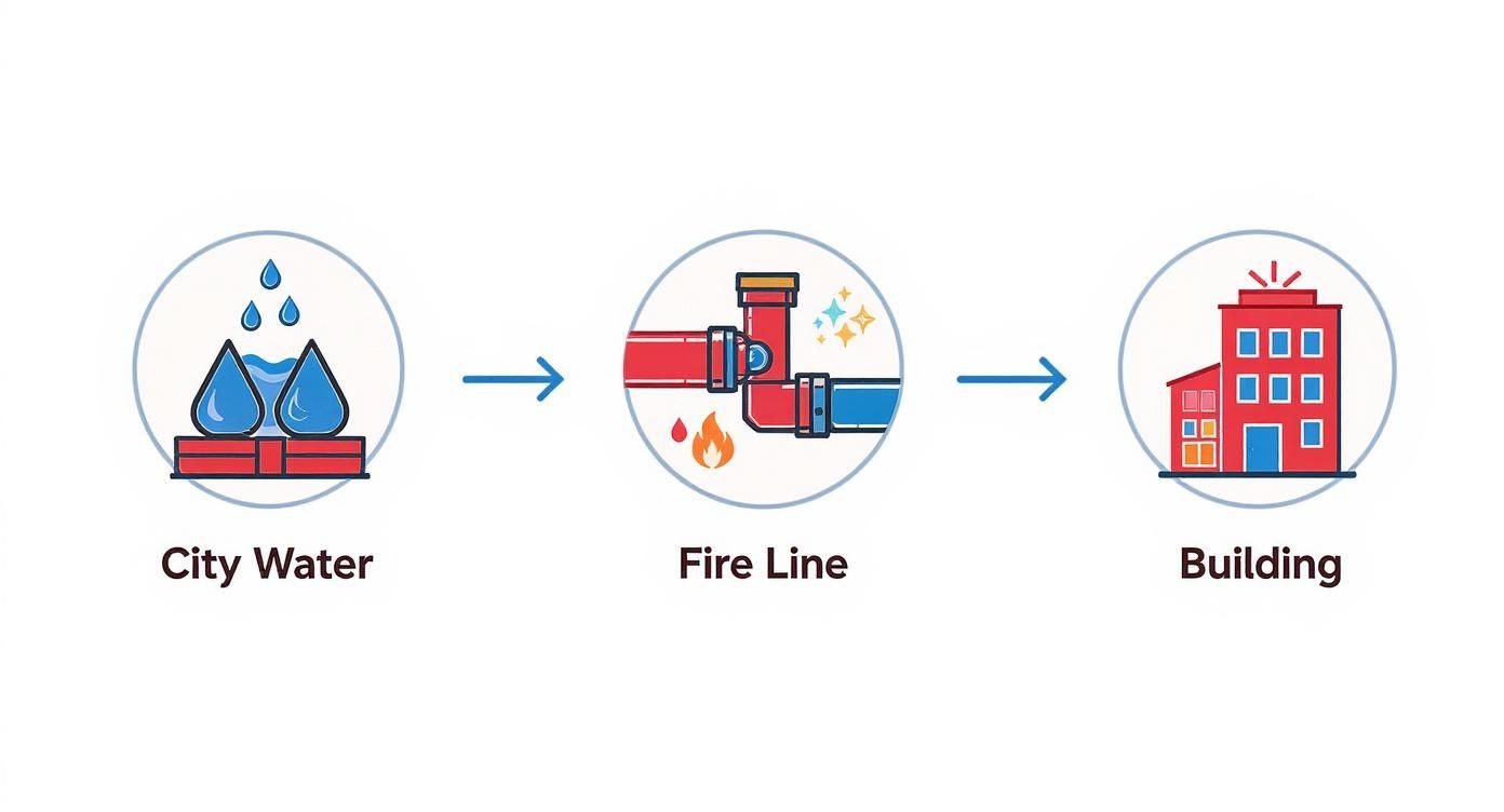 Diagram illustrating city water supplying a fire line system for building fire protection.