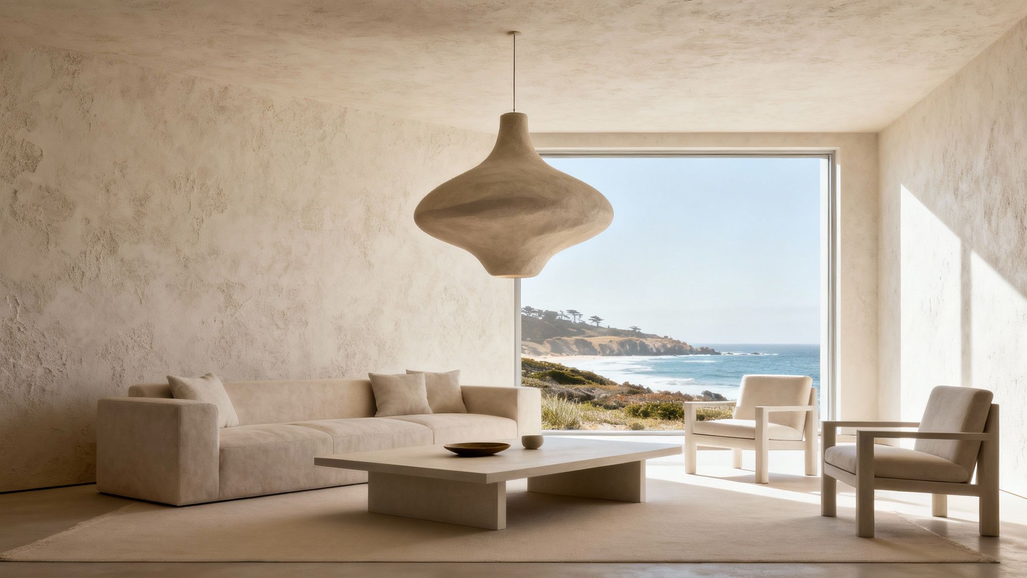 A modern living room with a large, sculptural pendant light, comfortable seating, and an ocean view.