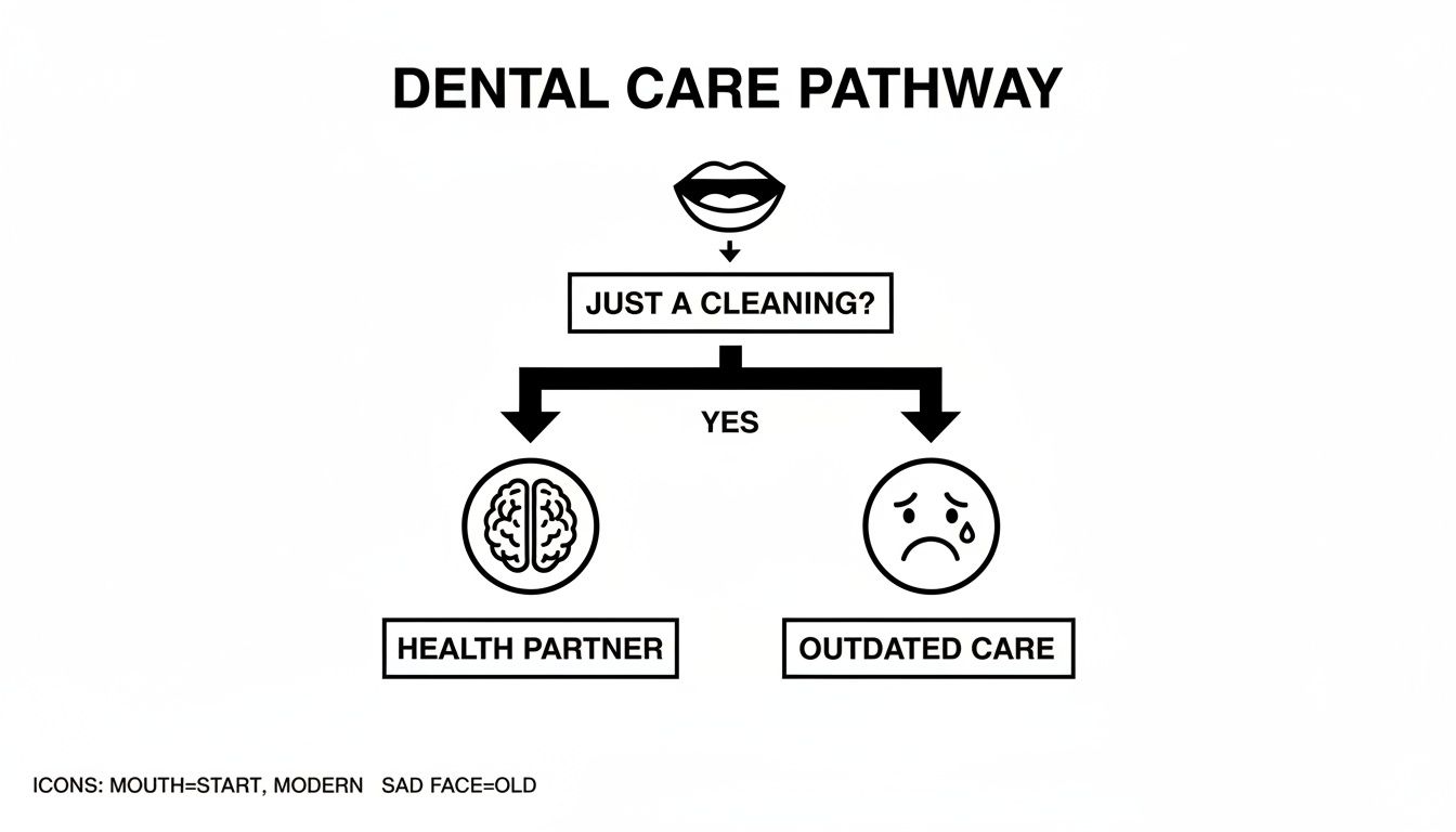 Flowchart illustrating the dental care pathway, distinguishing modern preventative care from outdated cleaning-only approaches.