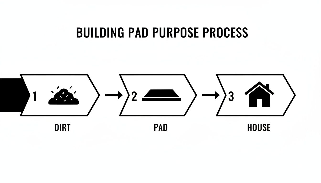 A three-step diagram illustrating the building pad purpose process: dirt to pad to house construction.