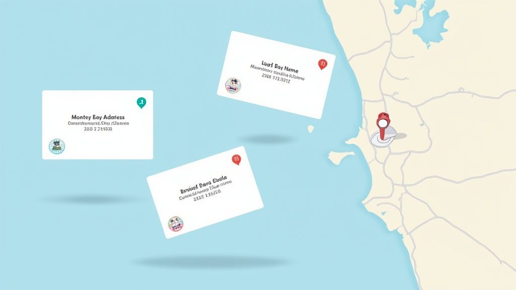 Three floating cards with location details over a map showing the Monterey Bay coastline.