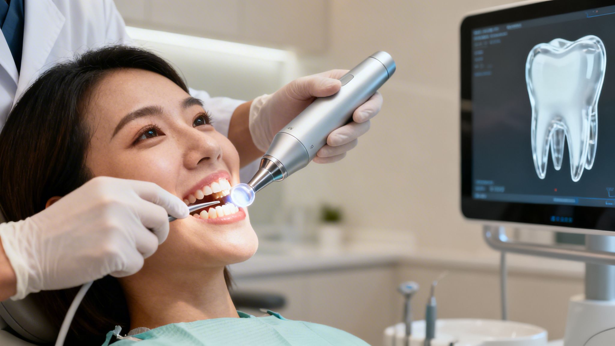 Dentist examining a smiling patient's teeth with a lighted tool, displaying a 3D tooth image.