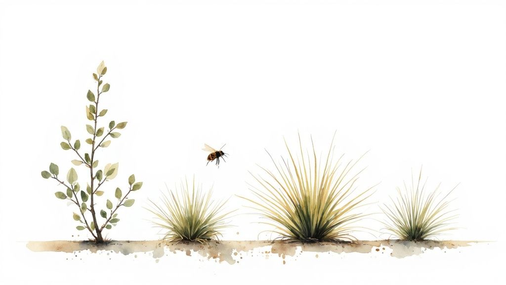 Watercolor illustration of a small tree, a flying bee, and several drought-resistant plants on a white background.