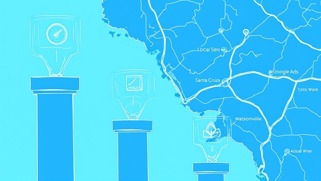 Map of Santa Cruz and Watsonville areas with roads, cities, and local marketing icons.