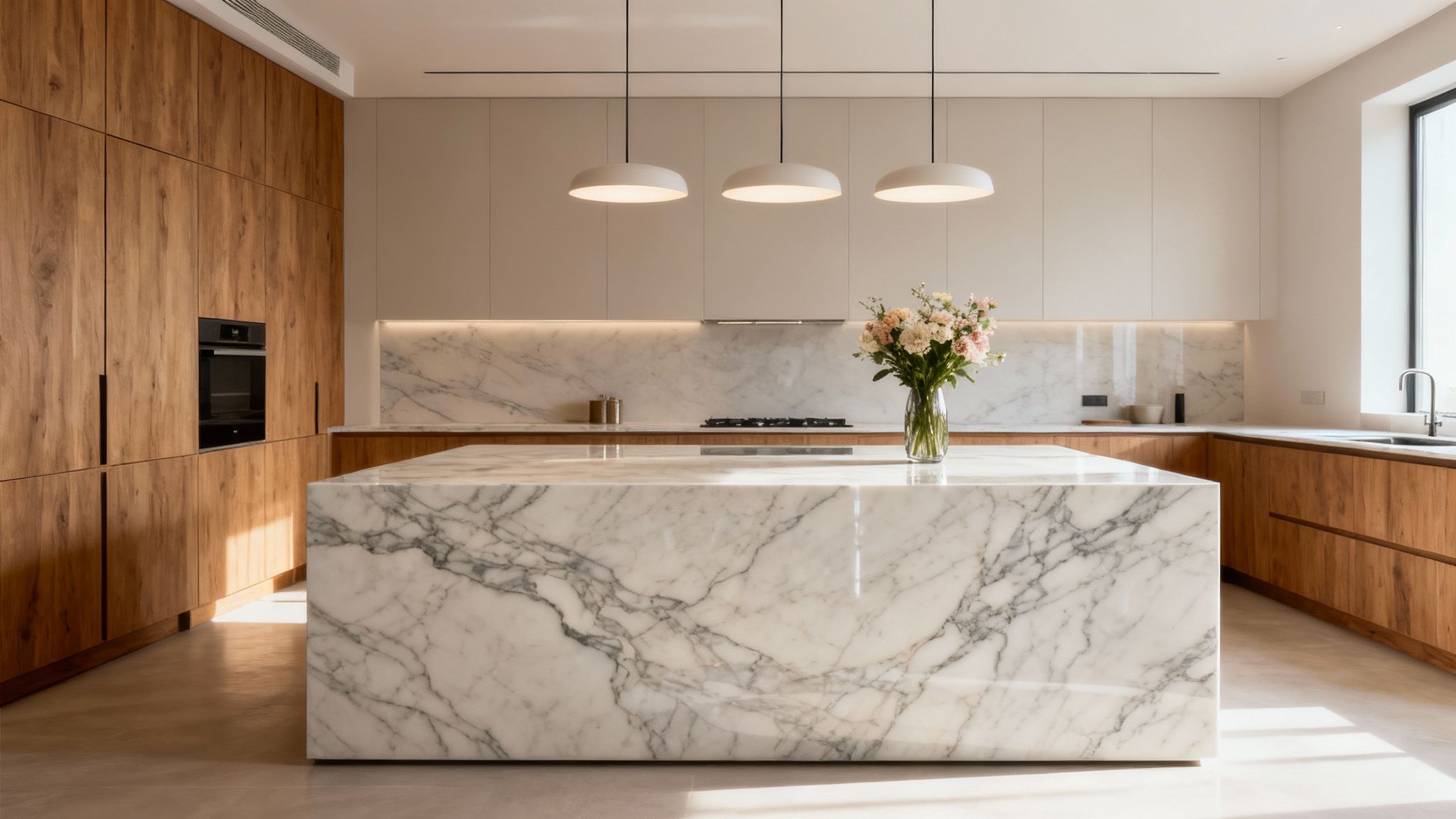 A luxurious kitchen with a large central island topped with veined quartzite, serving as a focal point for family gatherings.