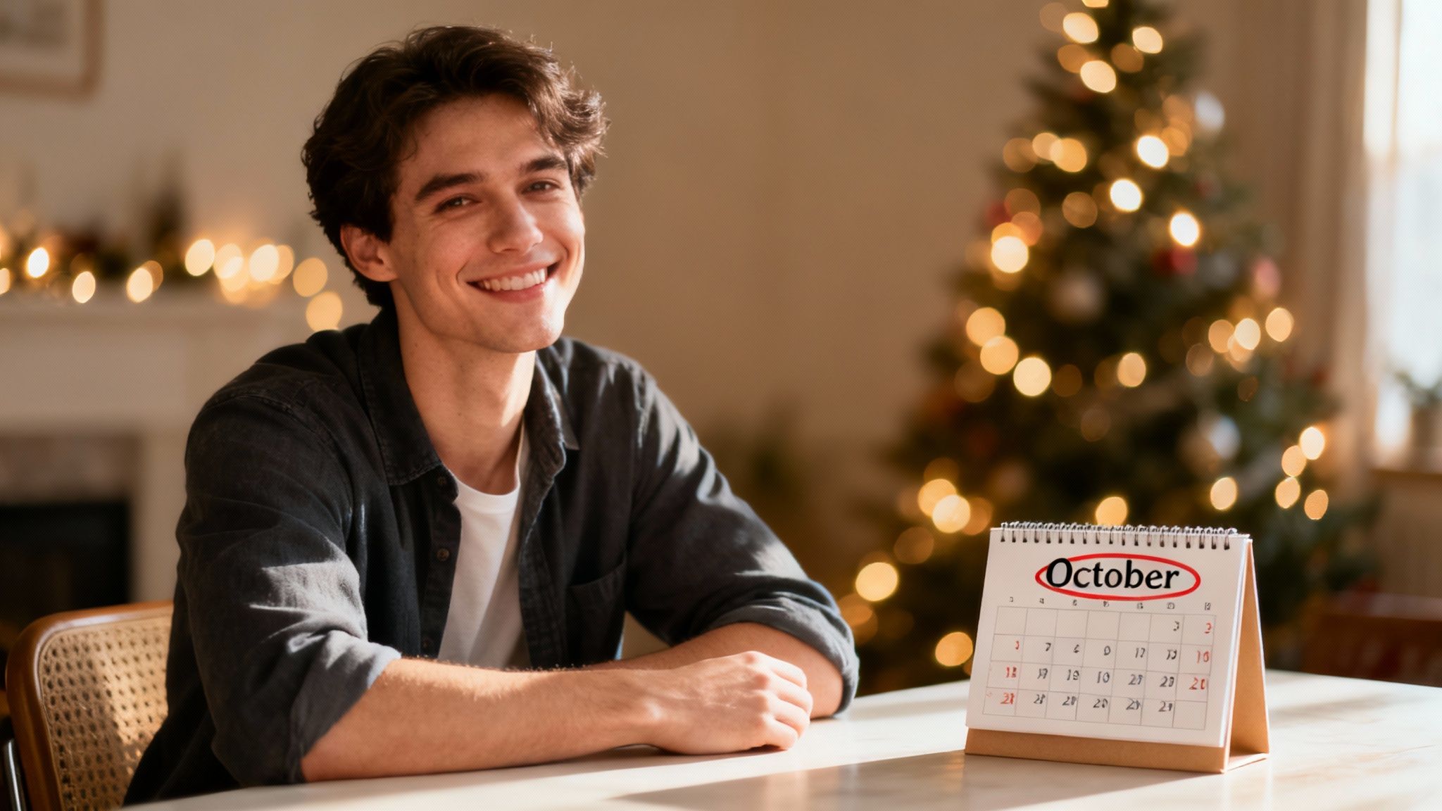 Young man smiling at table with October calendar showing Christmas tree background planning dental appointment