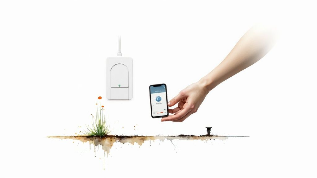 A smart irrigation system controller being adjusted on a wall.