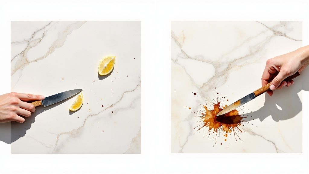 Dual image of a hand with a knife on a marble surface, one with lemon slices, the other with a brown spill.
