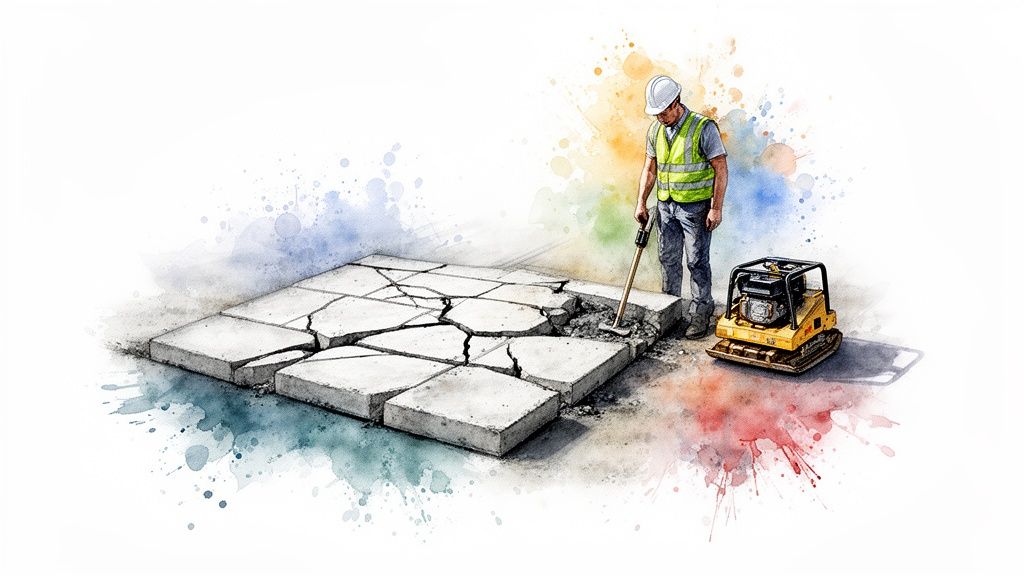 Construction worker breaking up cracked concrete slabs with a tool, beside a yellow plate compactor.