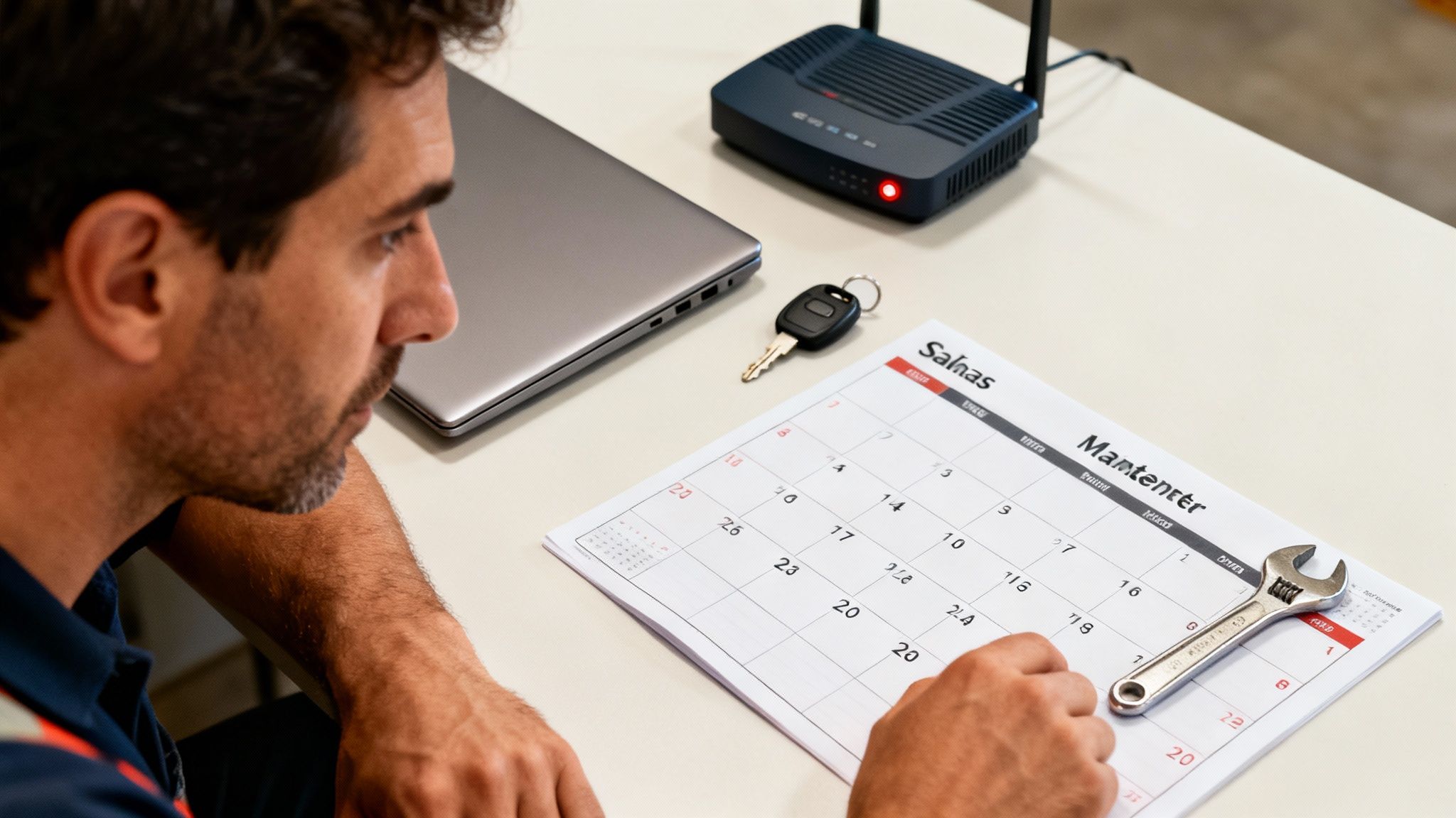 A technician reviews a maintenance calendar on a desk with a laptop and network router.