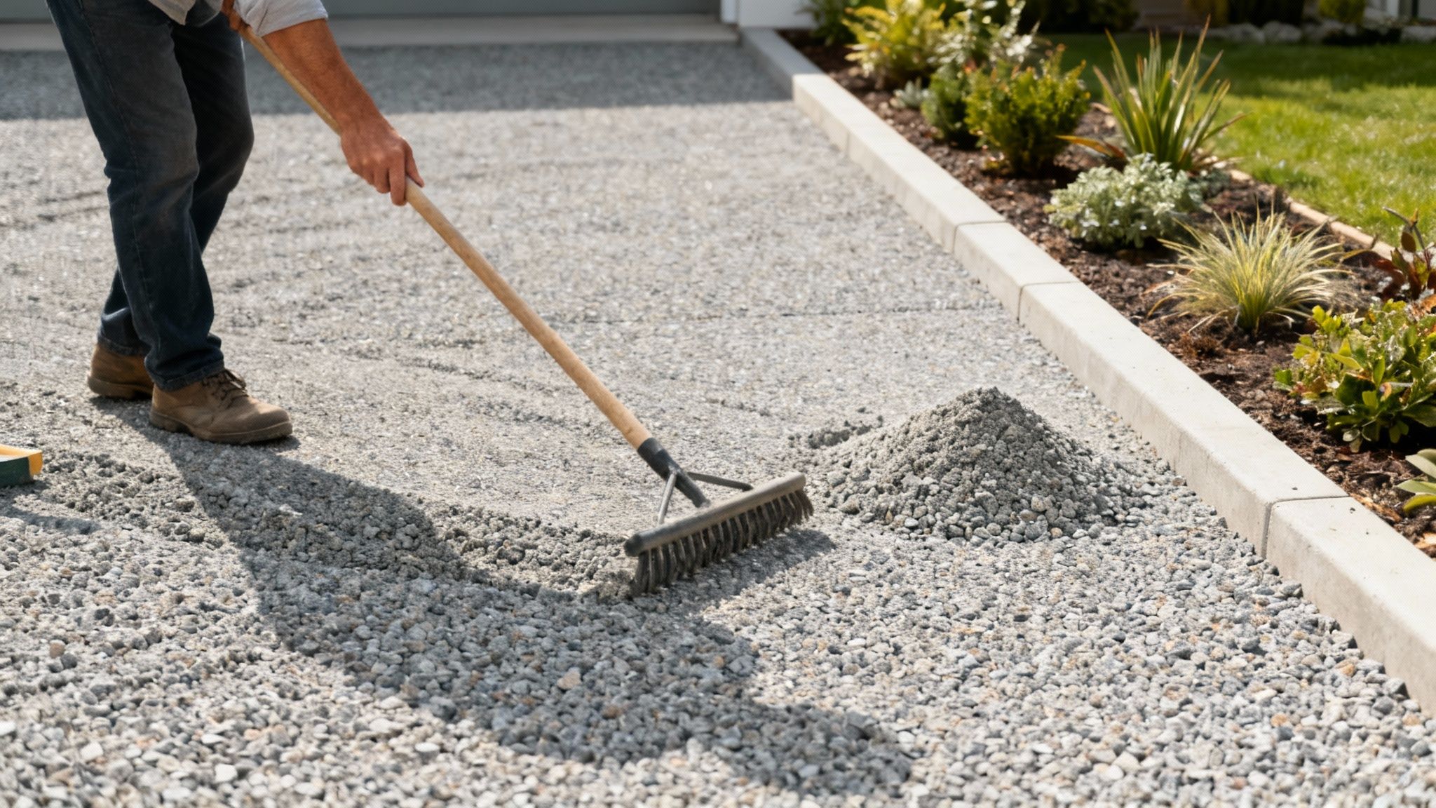 A person raking a crushed granite driveway to keep it smooth and even