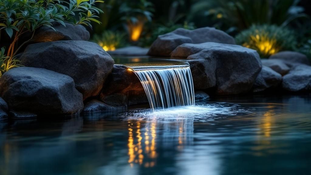Water feature lighting with submersible fixtures in a pond