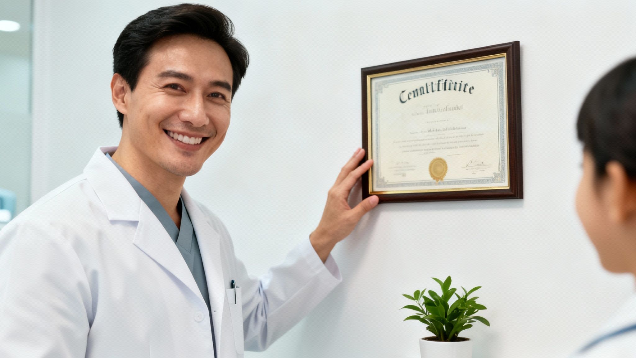 A smiling male doctor in a white lab coat proudly points to a framed certificate on a clinic wall.