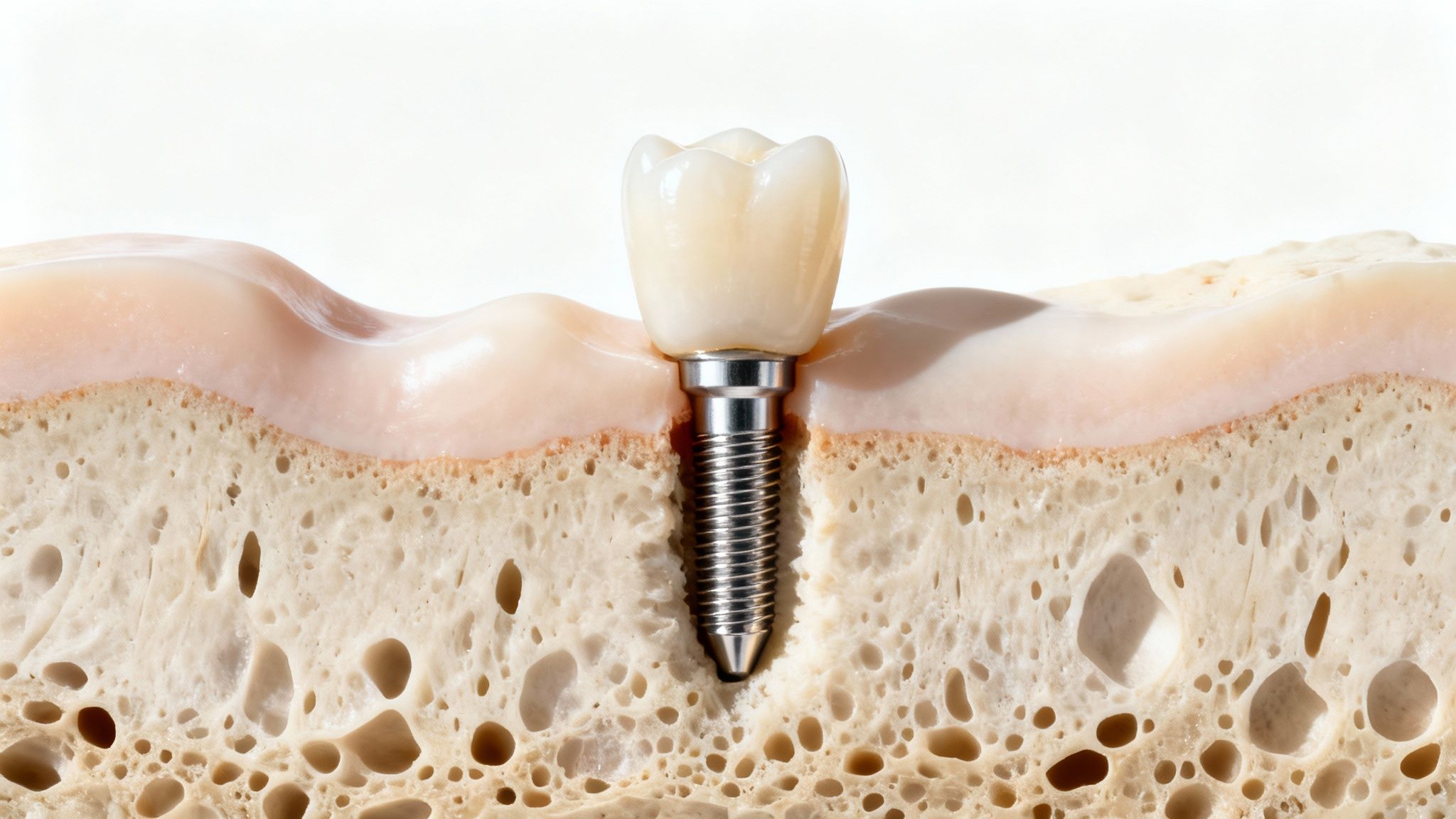Medical model showing a dental implant with a tooth crown embedded in the jawbone and gum.