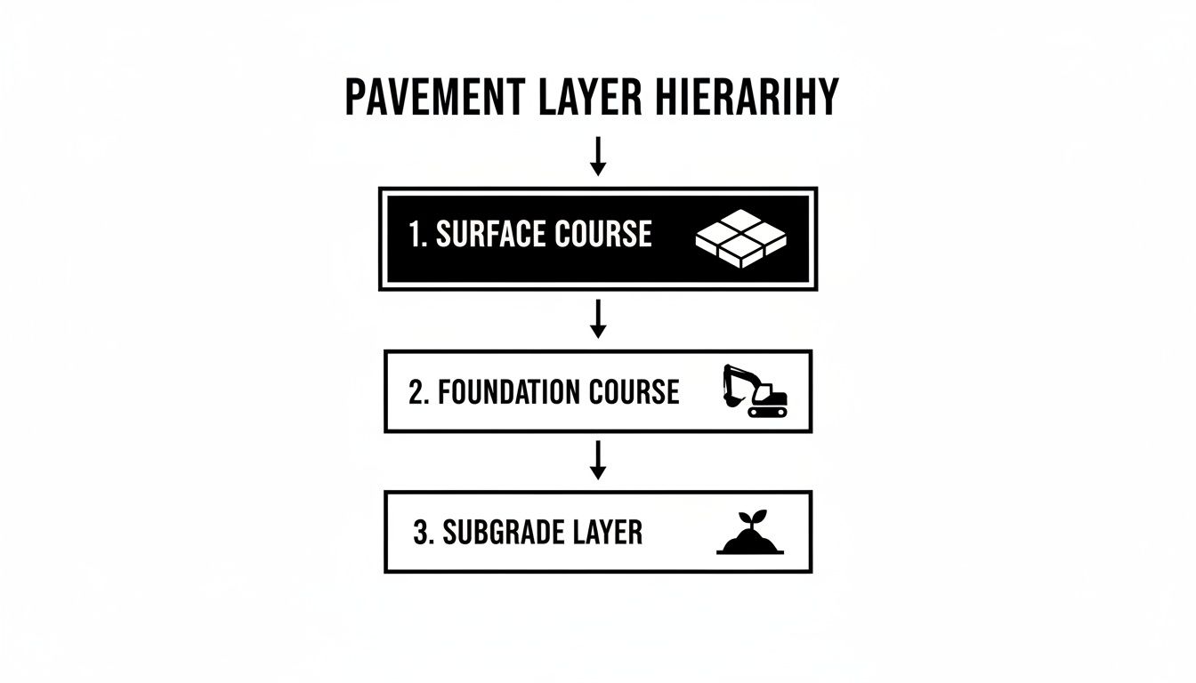 A diagram illustrates the pavement layer hierarchy, showing surface, foundation, and subgrade layers with icons.