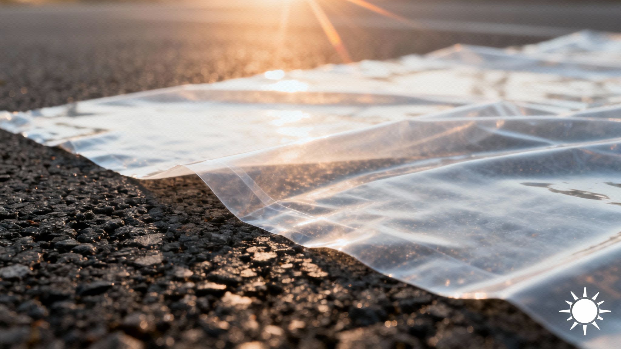 Transparent plastic sheeting covering rough asphalt, illuminated by a warm sun at sunrise or sunset.