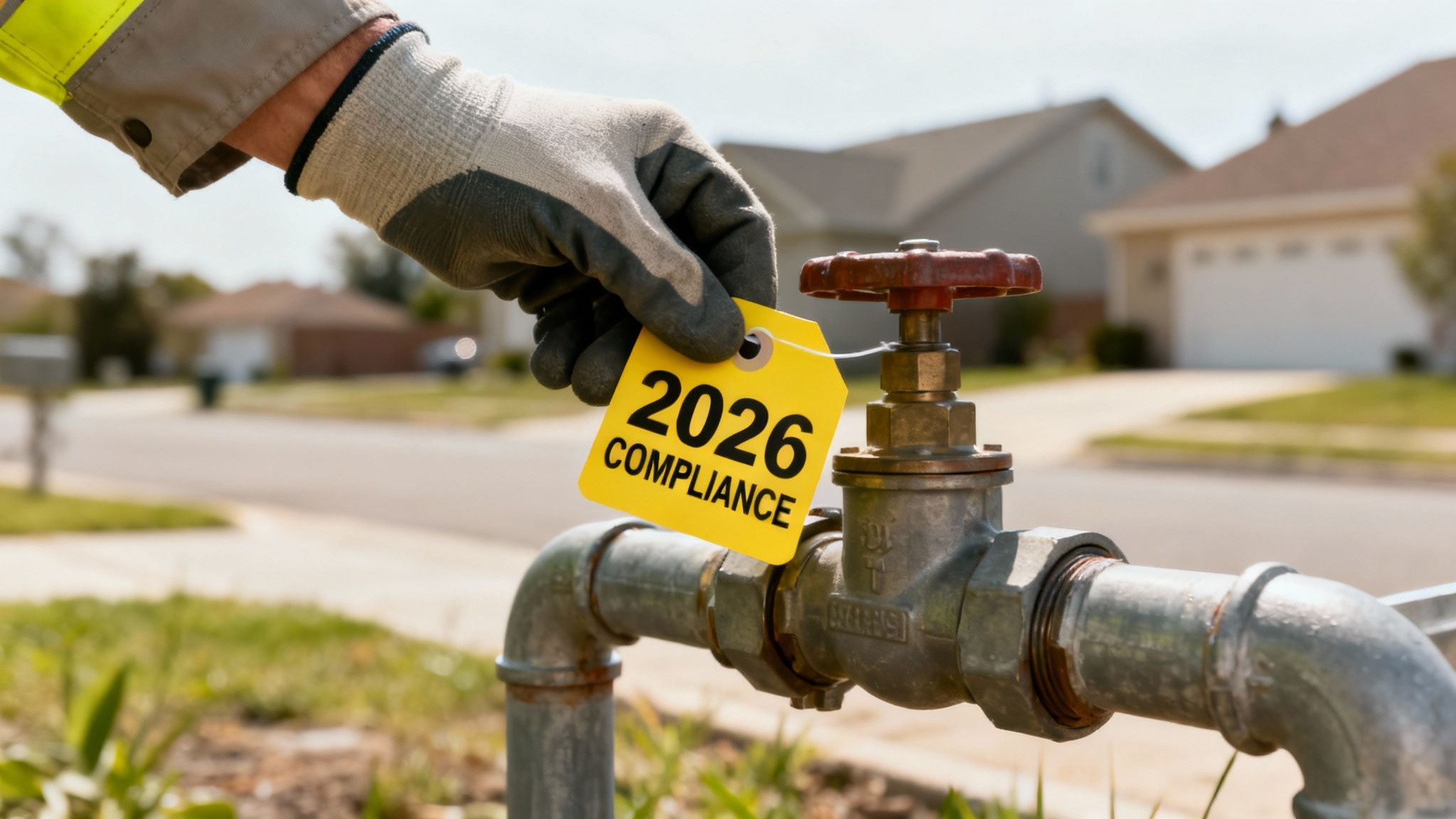 A gloved hand places a '2026 COMPLIANCE' tag on an outdoor utility valve, in a residential setting.