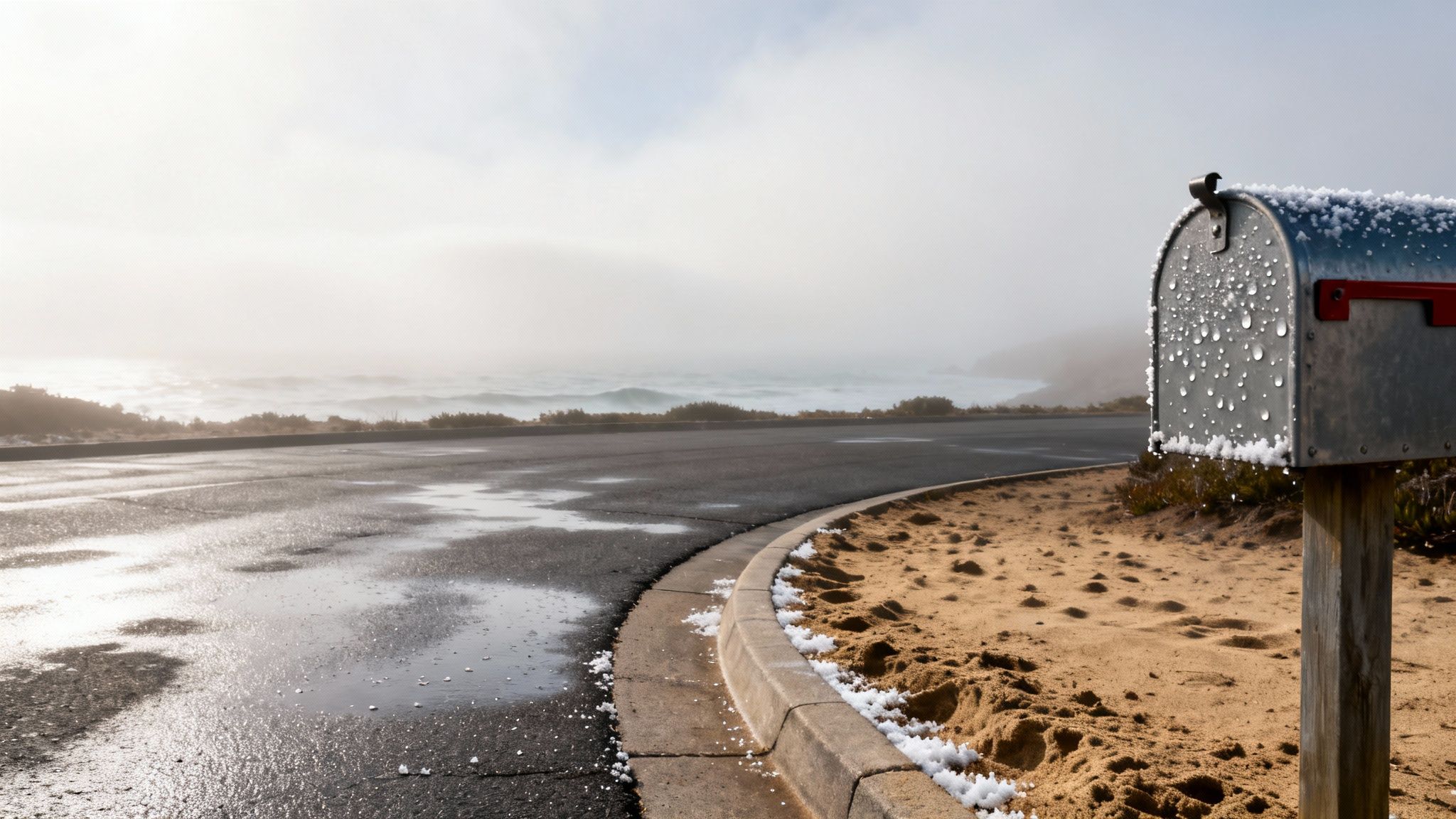 A roadside mailbox covered in snow and water drops, with a wet asphalt road and a foggy ocean in the background.