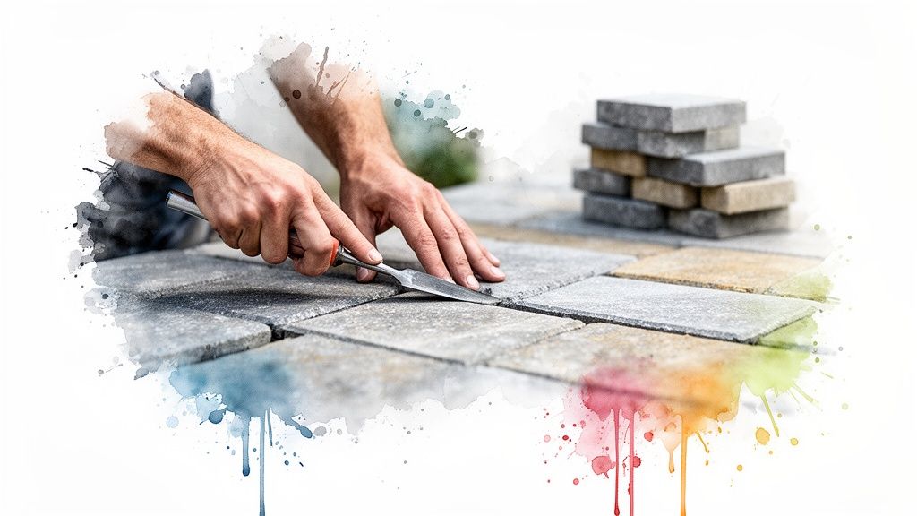 Close-up of hands using a tool to adjust gray paving stones during hardscape installation, with a stack of stones nearby.