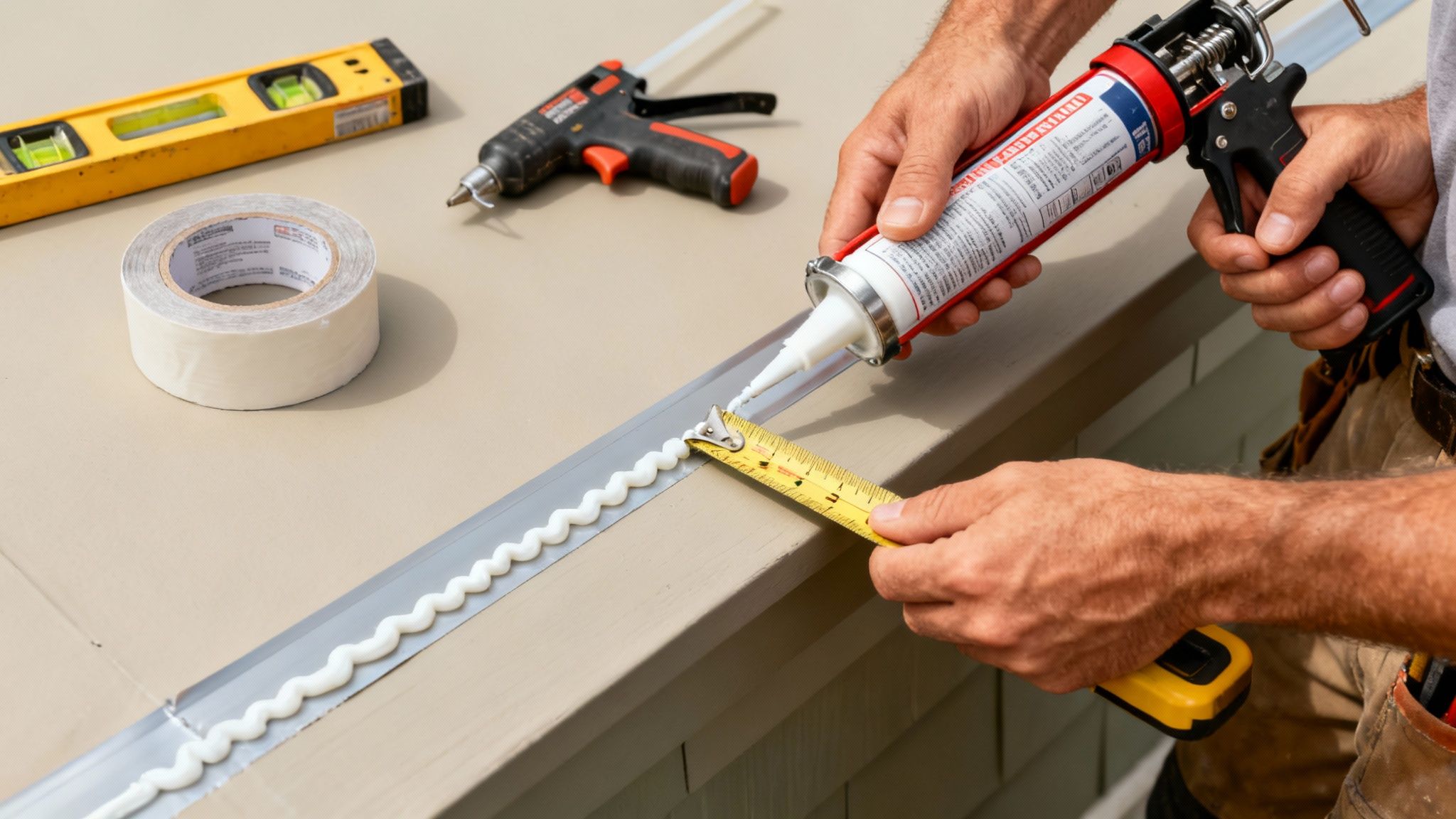 A person applies white caulk with a caulk gun along a metal strip, measuring with tape.
