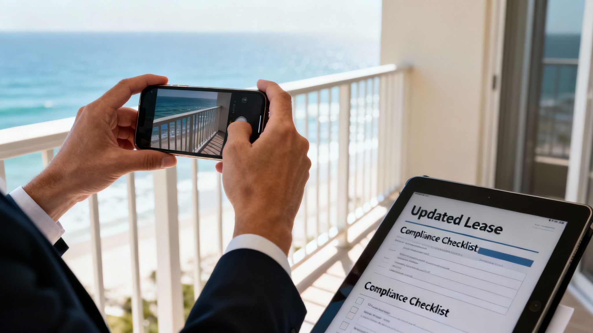 Person on a balcony taking a photo of the ocean with a smartphone while viewing a lease checklist on a tablet.