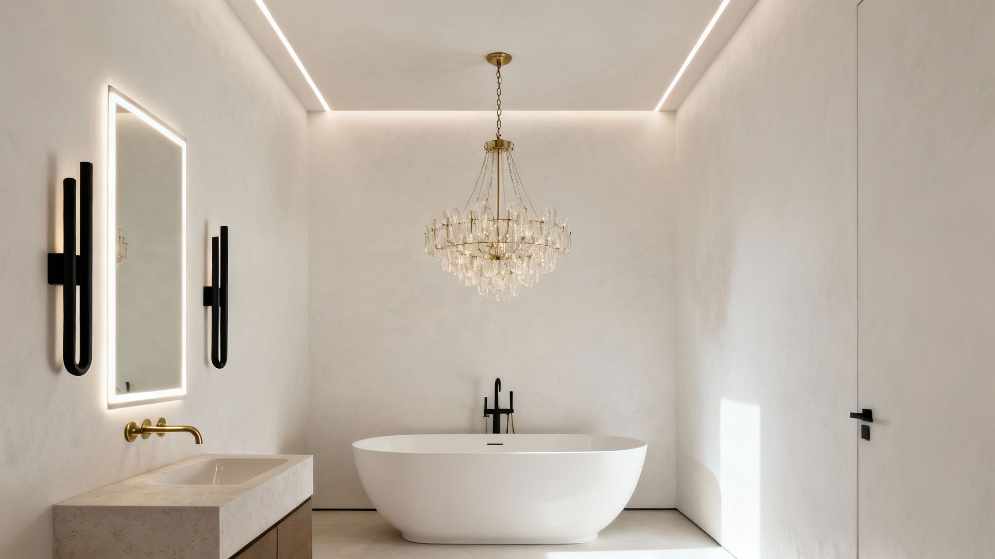 A modern luxury bathroom featuring a freestanding tub, gold chandelier, backlit mirror, and elegant fixtures.