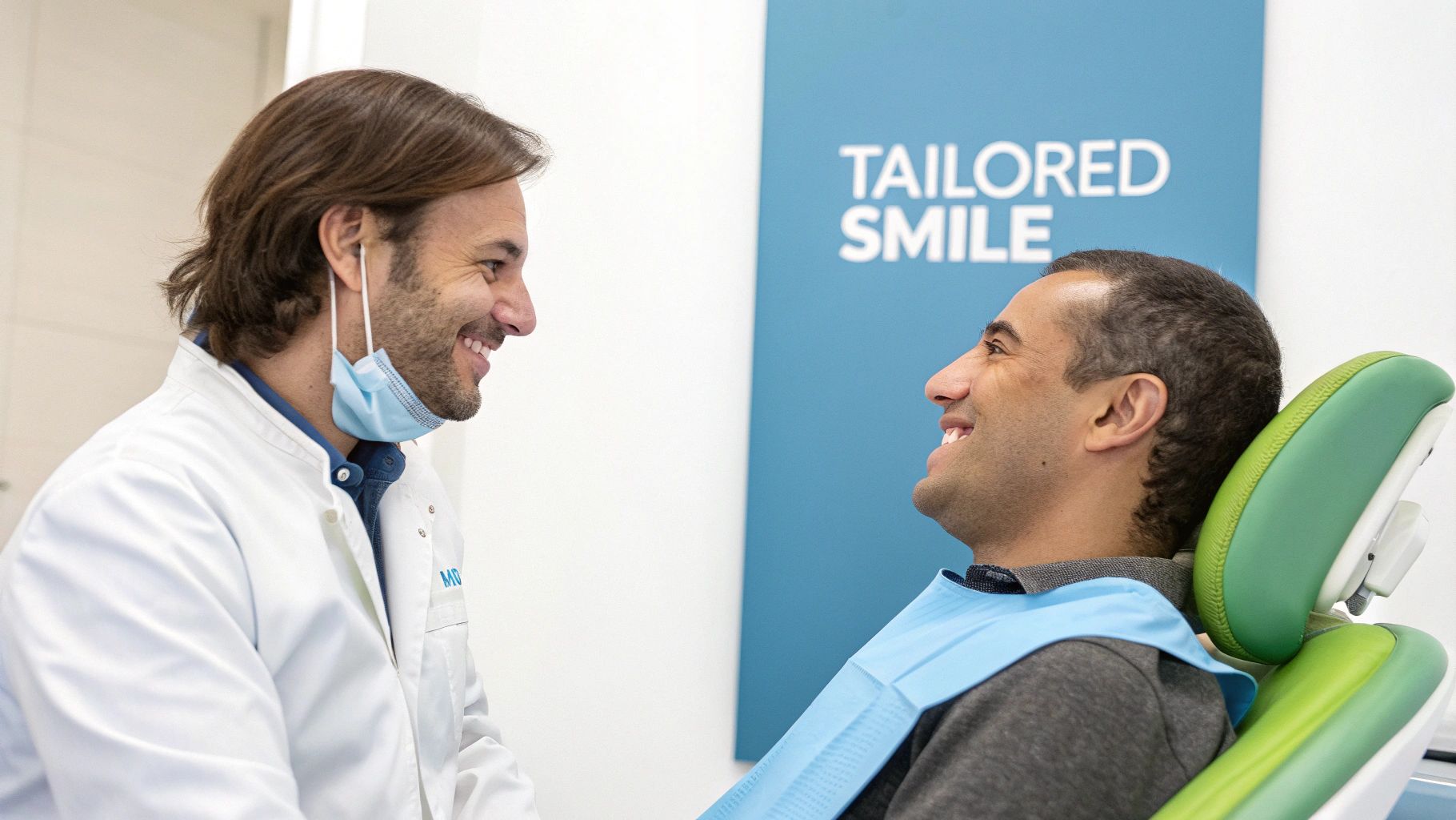 A smiling male dentist with a mask under his chin consults a happy male patient in a modern dental office.
