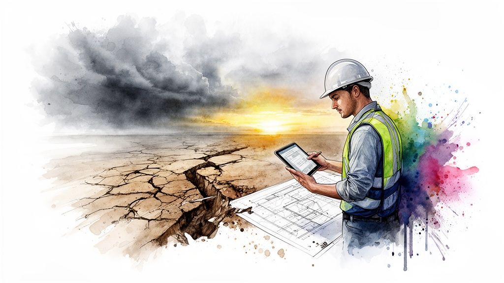 A construction engineer reviews building plans on a tablet against a backdrop of cracked earth and a dramatic sky.