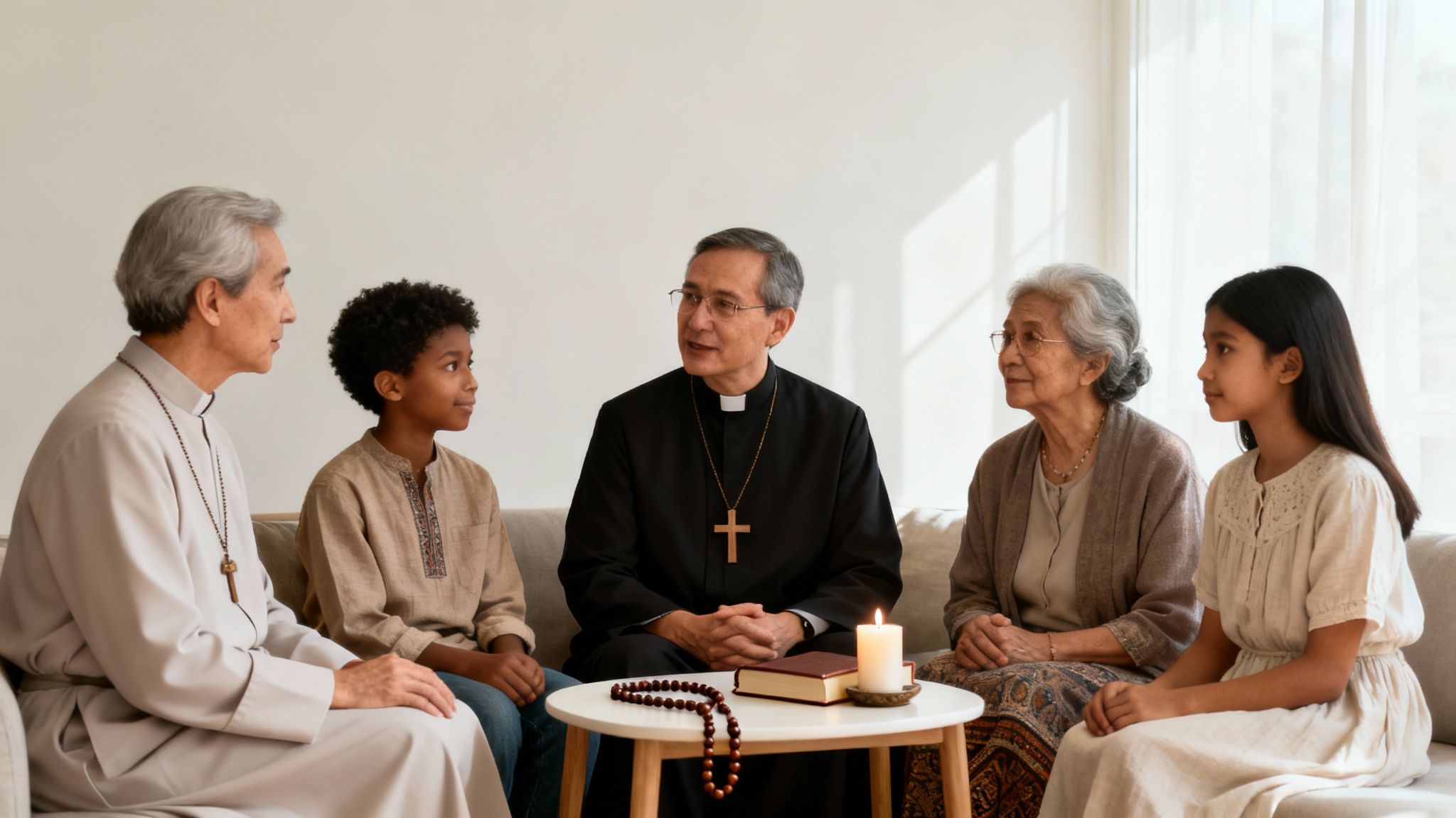 A diverse group of adults and children, including religious figures, sit on a sofa, engaged in interfaith discussion.