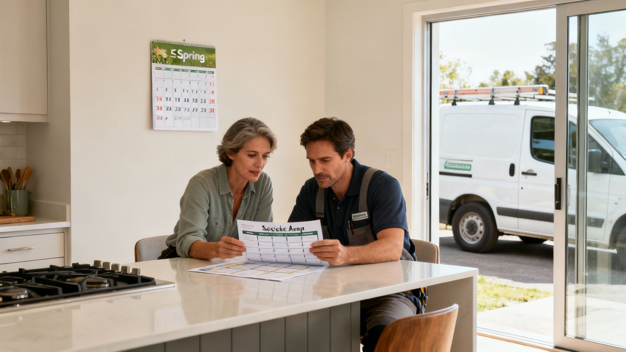 Homeowner discusses renovation plans with a contractor in her modern kitchen.