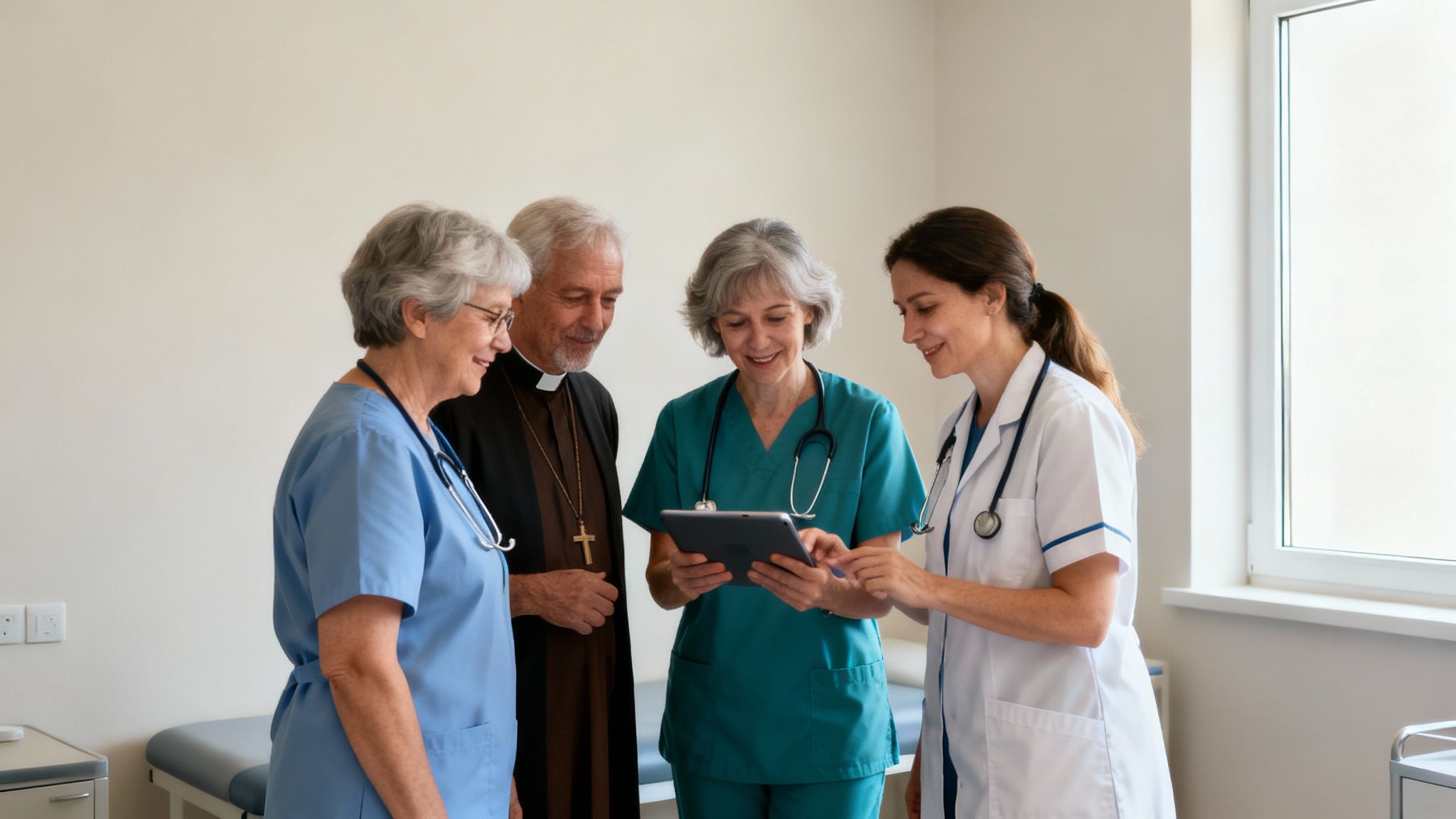 A diverse hospice care team stands together, representing multiple specialties like nursing, social work, and spiritual care.
