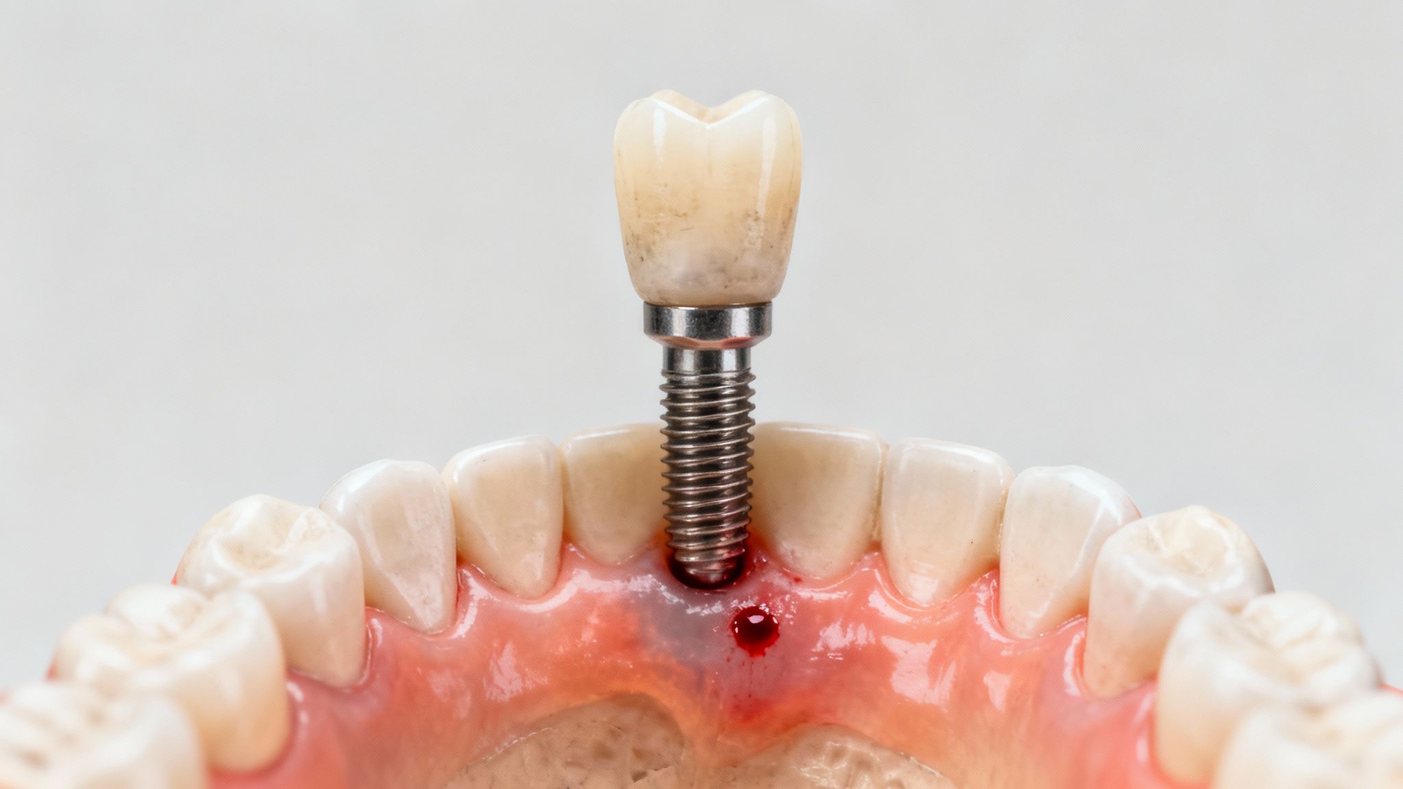 Close-up of a dental implant model showing the structure and surrounding gum tissue.