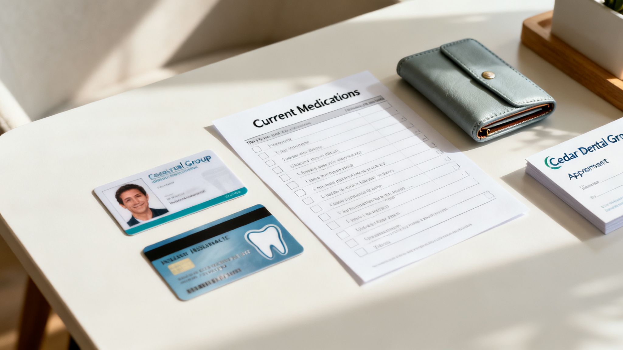 A dental patient's desk setup with a medications form, ID, <a href=