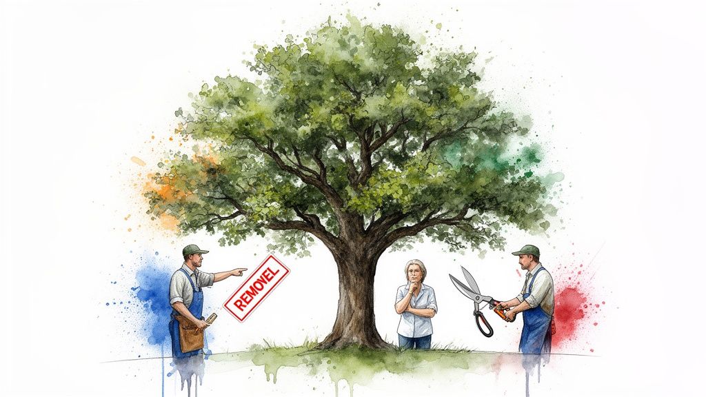 Two arborists, one suggesting removal and the other pruning, surround a thoughtful woman considering her tree's fate.