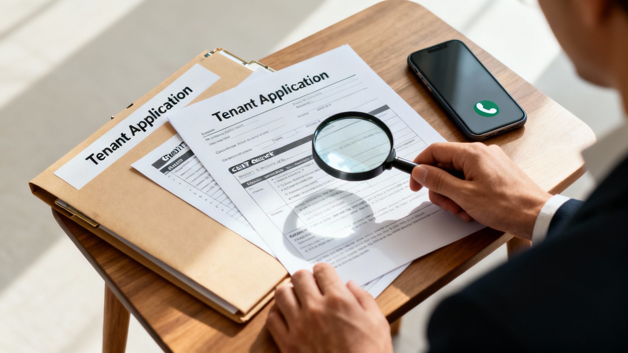 A person meticulously reviews a 'Tenant Application' form with a magnifying glass next to a smartphone.